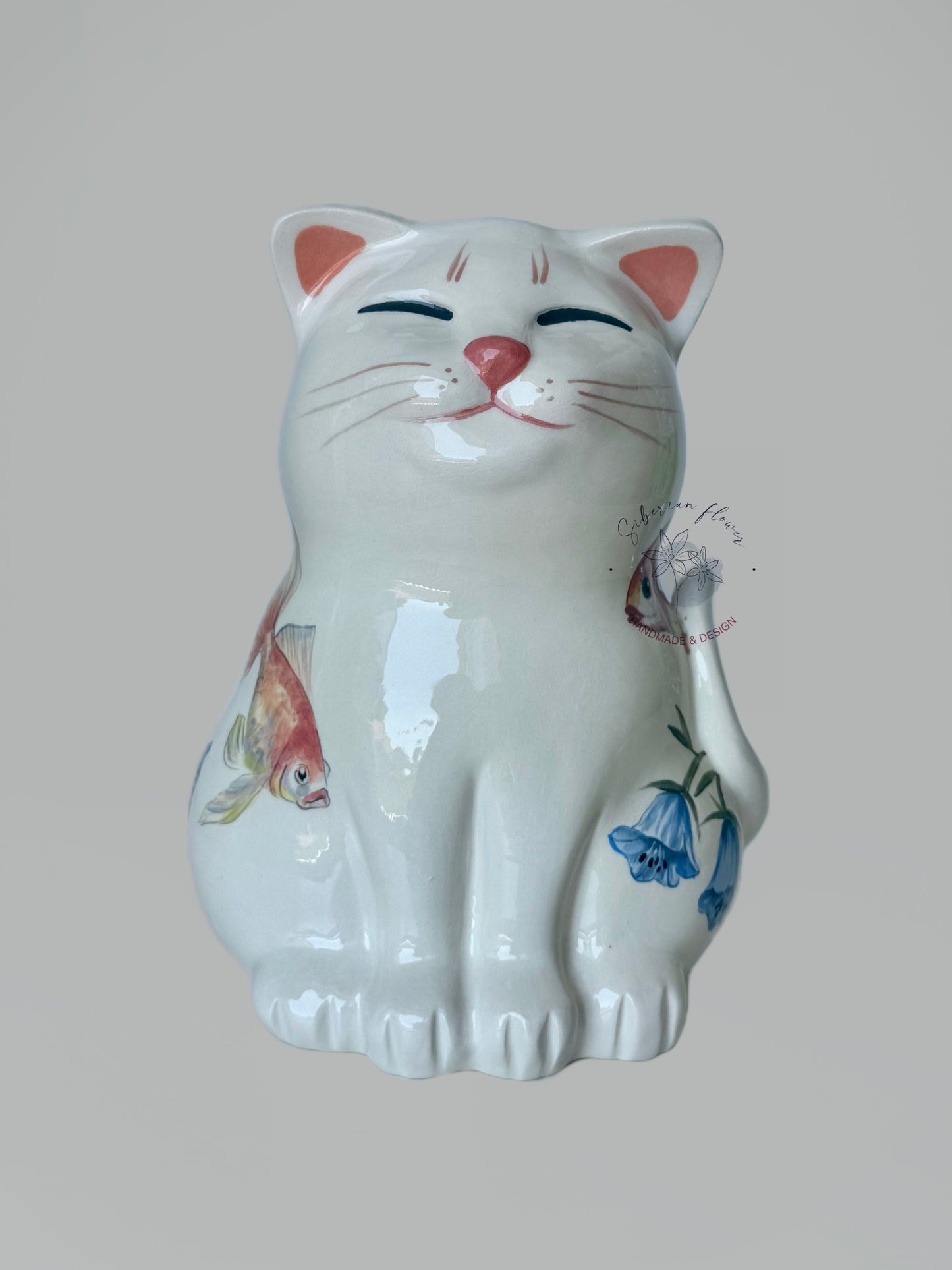 Vaso Gatto fiori blu e pesci