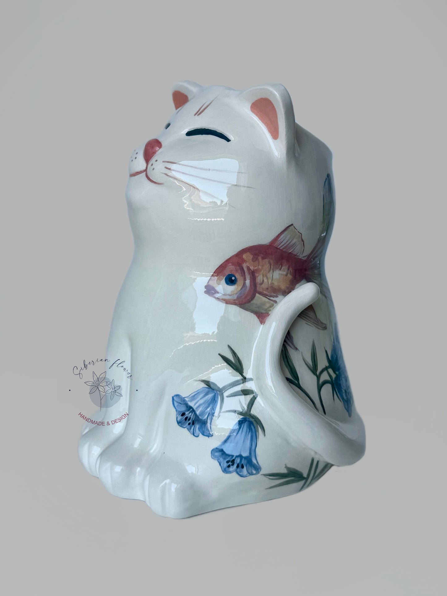 Vaso Gatto fiori blu e pesci