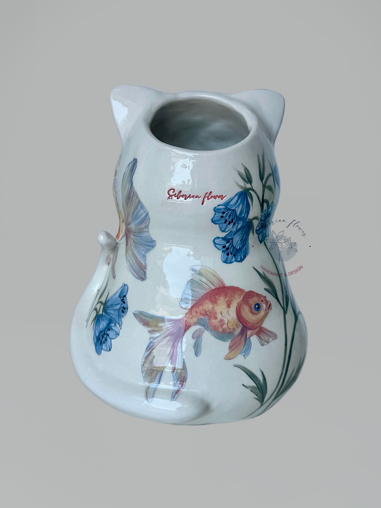 Vaso Gatto fiori blu e pesci