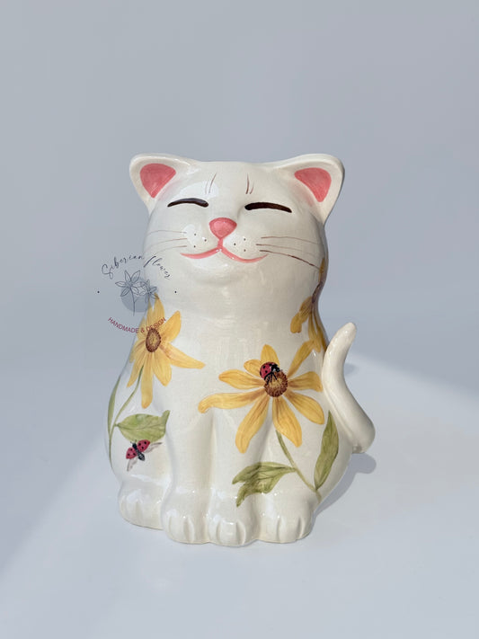 Vaso Gatto con Fiori e Coccinelle