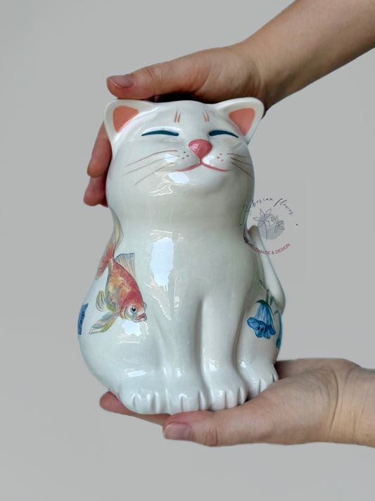 Vaso Gatto fiori blu e pesci